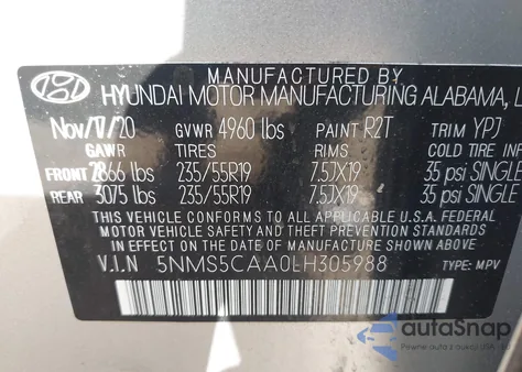 2020 Hyundai Santa Fe Limited 2.0T из США, поврежденный, VIN 5NMS5CAA0LH305988